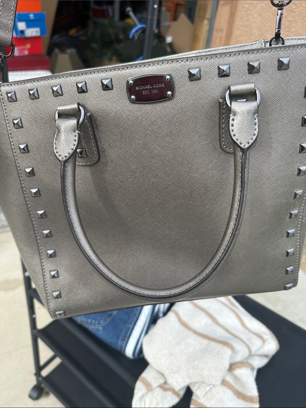 Michael Kors Metallic Pewter Saffiano Satchel with Stud Trim